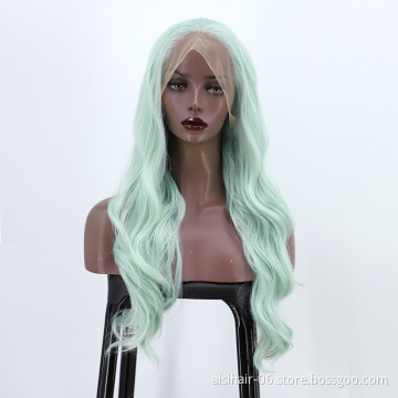 Ombre Swiss Lace Synthetic Hair Wholesale Cheap Vendor Cosplay Long Curly Body Wave Green For Black Women Lace Front Wig